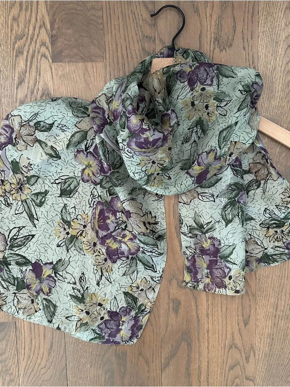 Vintage Floral Print 100% Silk Oblong Scarf in Sage Green, Black, Purple, 65
